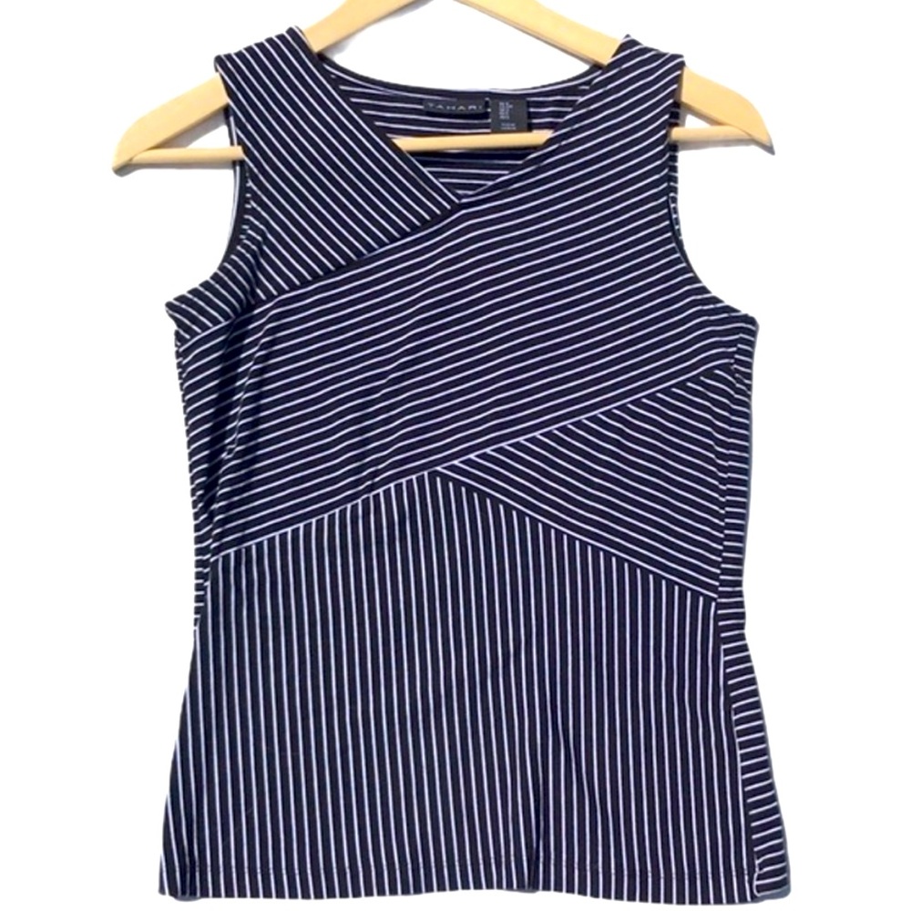 🍦Tahari Blue and White Diagonal Striped Nautical Sleeveless Top Sz S flattering